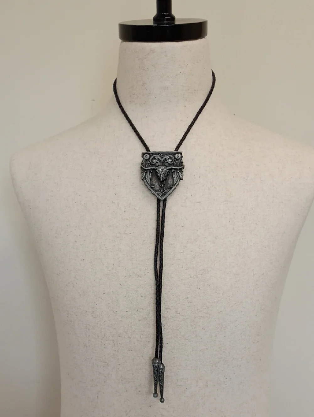 Western Bolo Tie Necklace Ornate Silver Shield Black Cord Vintage Style